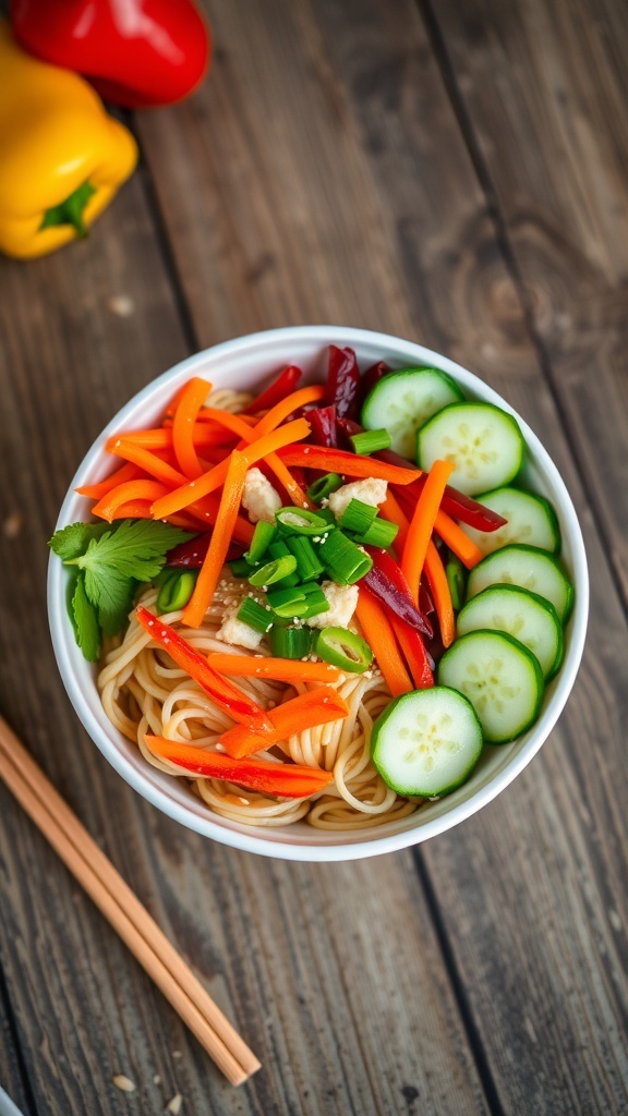 Aesthetic noodle bowl with colorful vegetables and noodles, garnished with sesame seeds and green onions on a wooden table.
